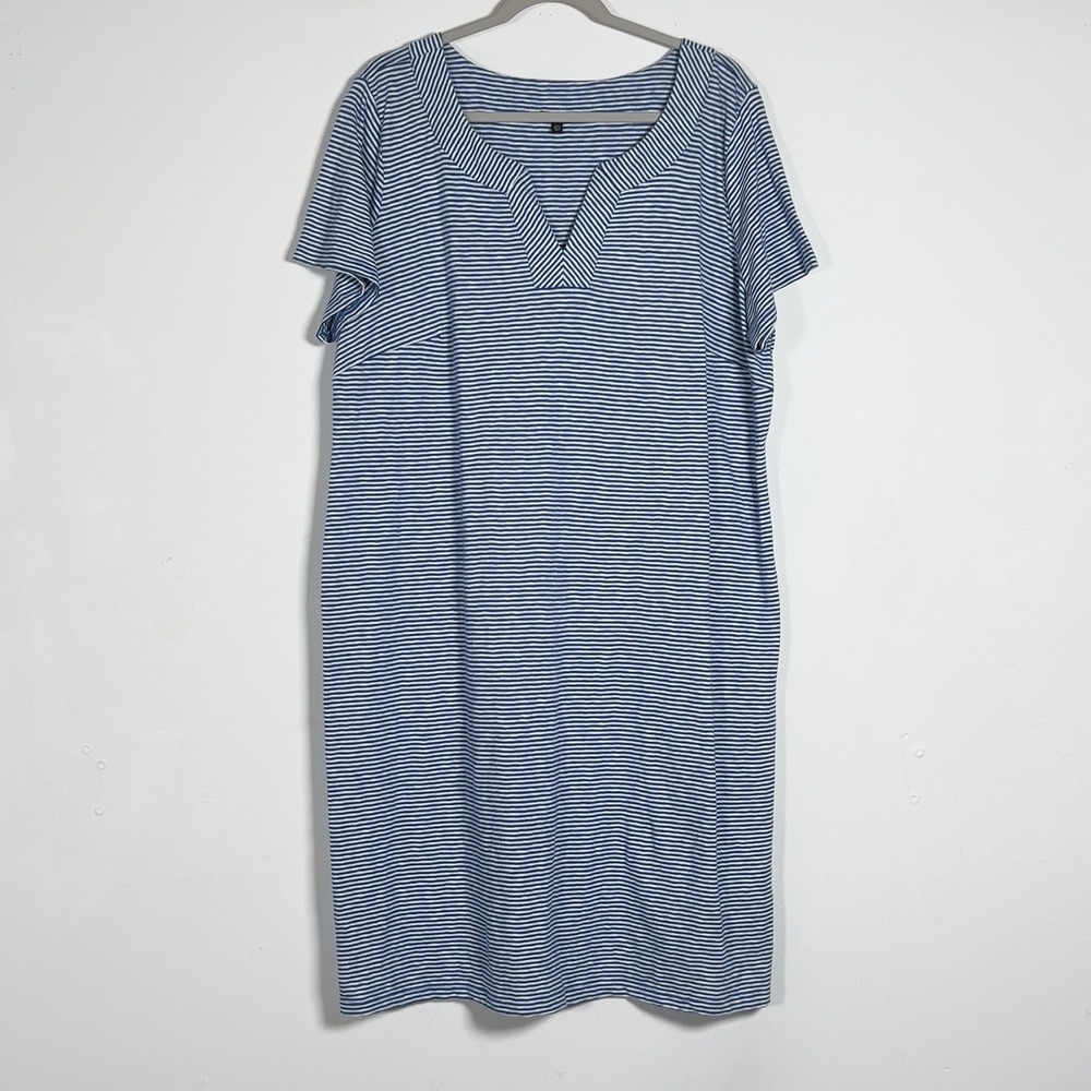 Talbots 100% Cotton Shift Dress Womens Sz 2XP Blue Striped Short‎ Sleeves